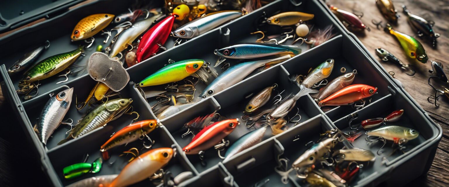 Fishing baits and lures on a tackle box